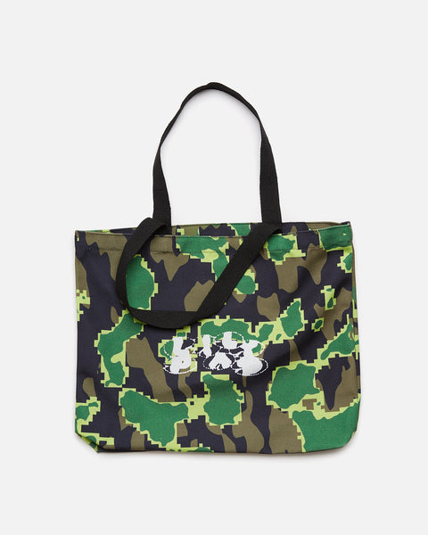 Lilypad Magazine's first tote bag featuring digi-camo artwork by Bergen blues store www.bluesstore.co