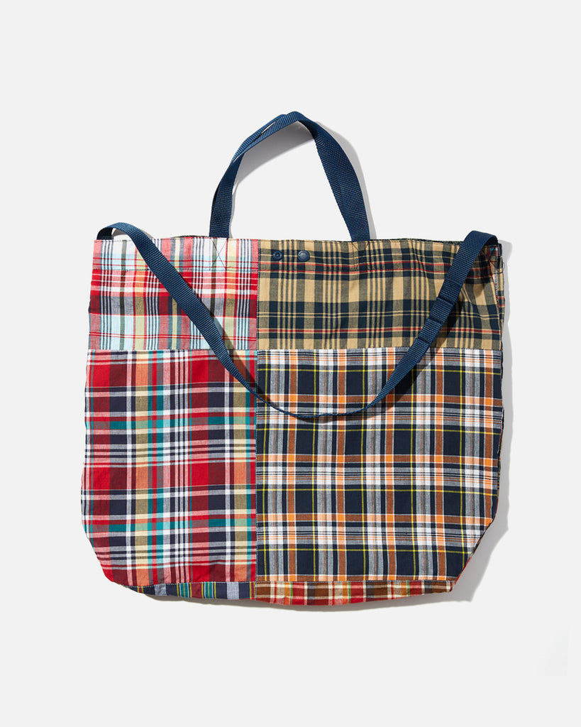 Engineered Garments SS24 Navy Square Patchwork Madras Carry All Tote blues store www.bluesstore.co