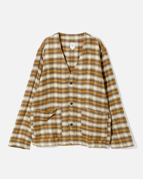 South2 West8 V Neck Jacket - Acrylic Plaid - Yellow / Brown