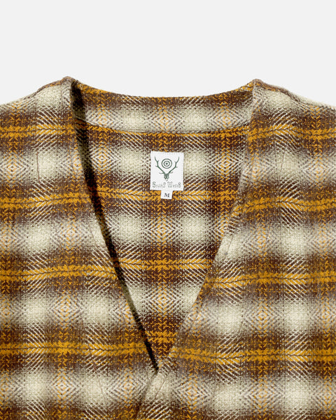 South2 West8 V Neck Jacket - Acrylic Plaid - Yellow / Brown