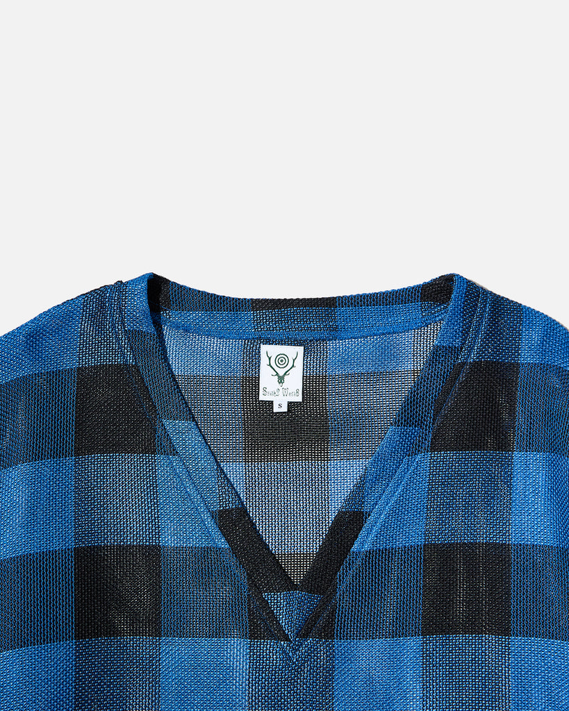 south2 west8 String V Neck Shirt R/PE Rough Cloth / Plaid in Blue blues store www.bluesstore.co
