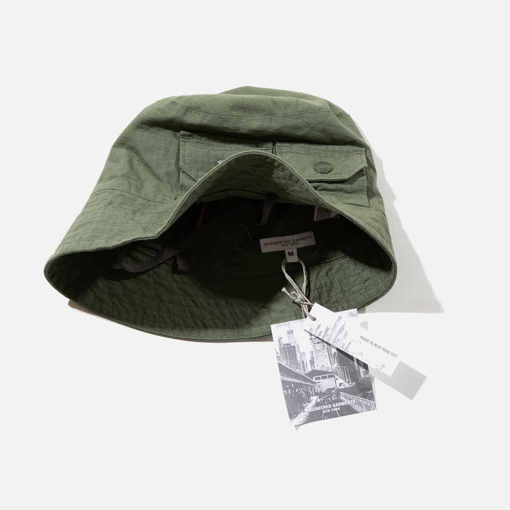 Engineered Garments Cotton Ripstop Explorer Hat in Olive from the brands Spring 2022 collection blues store www.bluesstore.co