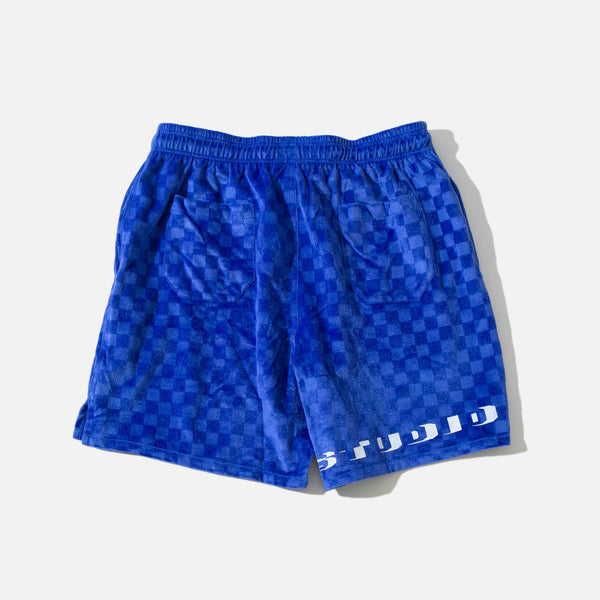 Velour shorts in checked purple from New York based LQQK Studio blues store www.bluesstore.co
