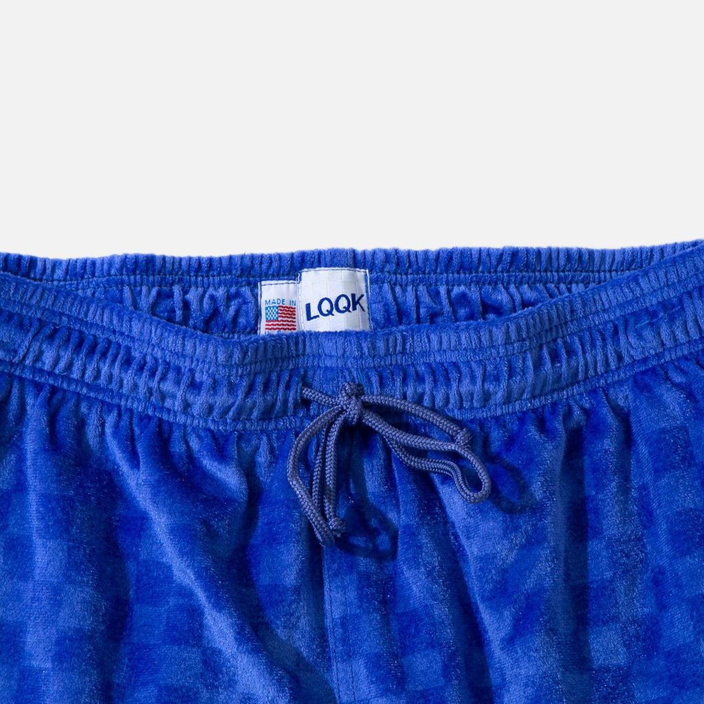 Velour shorts in checked purple from New York based LQQK Studio blues store www.bluesstore.co